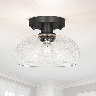 Luminária de corredor preta clássica - Luminária de teto redonda de 20,3 cm de montagem semiembutida com sombra de vidro semeado, estilo de meados do século, design próximo ao teto para