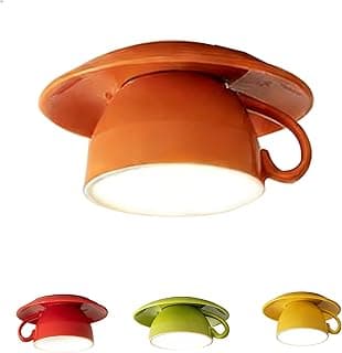 Luminária de teto de cerâmica com design de xícara de café, cores vibrantes, luz suave, fundo branco