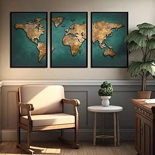 Quadros decorativos mapa mundi verde e dourado com moldura preta para decoração de escritório ou quarto