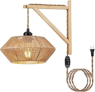 Luminária de parede Boho Rattan KAMTAT, luz de arandela com suporte de madeira e tecido trançado, iluminação amarela quente