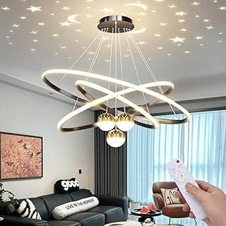 Luminária Pendente LED Dimerizável com Projeção de Galáxia e 3 Anéis, Lustre de Teto com Controle Remoto e Regulável para Sala de Jantar, Cozinha, Sala de Estar e Quarto, Preto