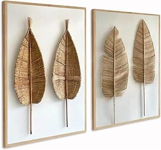 Kit 2 Quadros Decorativo Folhagem Palmeira Seca Boho com Moldura Bege
