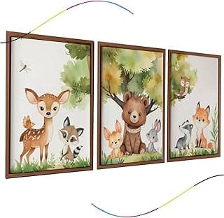 Quadros decorativos infantis com animais da floresta, arte em aquarela, molduras marrom, conjunto de 3 peças.