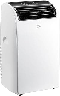 Ar condicionado portátil branco com grelha preta, logo frontal e rodízios pretos