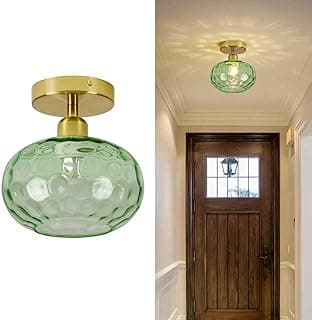 Luafac Luz de teto de vidro verde para montagem semiembutida - luminária de corredor pequena de vidro art déco martelado de 29 cm, luz de teto vintage dourada embutida para entrada, hall de entrada