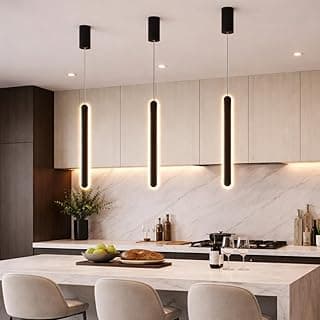 Luminárias pendentes de LED pretas em uma cozinha moderna com fundo branco