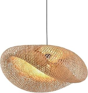 Luminária de teto pendente de bambu orgânica, diâmetro 50 cm, altura 18 cm, tecida à mão, cabo ajustável, luz suave