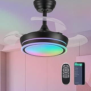 Lustre retrátil RGB de 76.2 cm, ventilador de teto, lustre regulável, ventiladores de teto com luzes e controle remoto de aplicativo para sala de jantar, quarto, preto