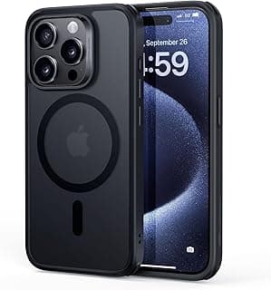 Capa protetora para iPhone 15 Pro, preta fosco, compatível com MagSafe, mostrando a câmera traseira e a tela com a data de 26 de setembro.