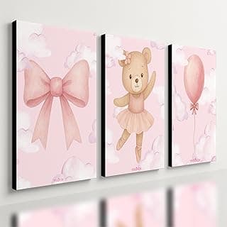 Kit 3 quadros decorativos rosa para quarto infantil feminino com laço, ursinho bailarina e balão