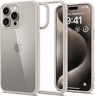 Capa protetora Spigen para iPhone 15 Pro Max em titânio natural, mostrando verso e frontal com câmeras e tela.