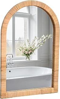 Espelho de parede Boho com moldura de vime natural arqueada para banheiro