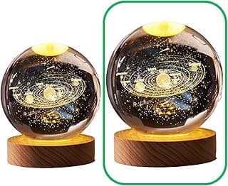 Luminária Led de Mesa Bola de Cristal Vidro 3d Base Madeira Decoração Enfeite Leitura Presente (G - 8cm de diâmetro, Sistema Solar)