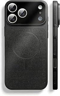 Capa protetora preta para iPhone 15 Plus, resistente a quedas, com design de malha e área circular para câmera.