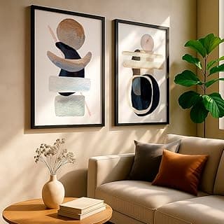 Kit de 2 quadros decorativos abstratos com molduras pretas em tons neutros