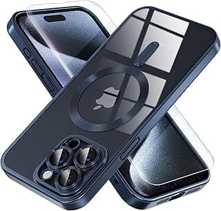 Capa magnética transparente e flexível para iPhone 15 Pro Max, preta com proteção de lente de câmera, fundo branco