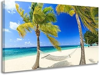 Quadro decorativo praia com rede entre palmeiras, 90x60cm