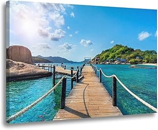 Quadro Decorativo Praia com Ponte de Madeira em Tela Canvas Azul e Verde