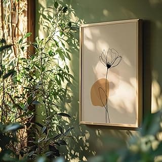 Quadro decorativo abstrato com flor em linha, estilo minimalista, para sala, escritório ou quarto.