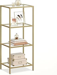 VASAGLE Estante de 4 Níveis de Vidro, Prateleira para Livros, Organizador, Vidro Temperado, Montagem Fácil, para Banheiro, Sala de Estar, Quarto, Escritório, Dourado Metálico BRLGT28G