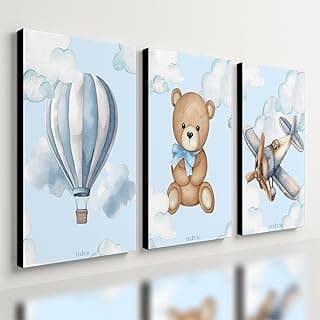 Kit 3 Quadros Decorativos Quarto Meninos Urso Balão Avião Azul