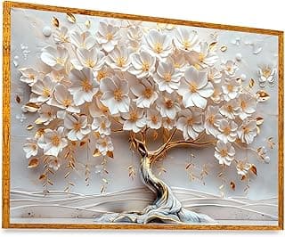 Quadro decorativo árvore da vida em relevo com flores brancas e moldura dourada