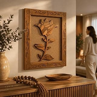 Quadro decorativo artesanal em madeira maciça com flor de lótus, 64x54cm