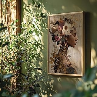 Quadro decorativo mulher afro com flores, arte floral elegante, parede moderna