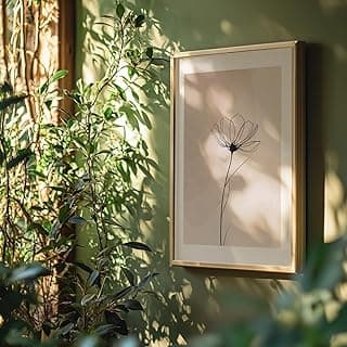 Quadro decorativo minimalista com flor abstrata em moldura dourada, ideal para decoração de sala ou quarto.
