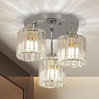 Yexati Lustre De Cristal Moderno, Luminária De Teto Com 3 Lâmpadas De Cristal Para Sala De Estar, Luminária De Teto Semi-Embutida Prateada Para Corredor, Quarto, Hall De Entrada E Cozinha.