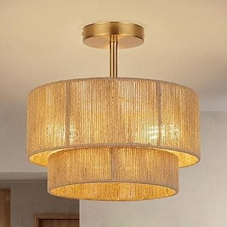 Vexagyle Luminárias De Teto Estilo Boho Com 3 Luzes, Luminária De Teto Semi-Embutida Em Rattan De 12,6'', Luminárias De Tambor De Corda De Cânhamo Costeira Com Cúpula De 2 Níveis, Luminária De Fazen