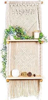 Prateleira de parede de macramê, 2 camadas, boho, cabide de parede feito à mão, corda tecida, boho, prateleiras, organizador para sala de estar, banheiro, armazenamento doméstico, suporte