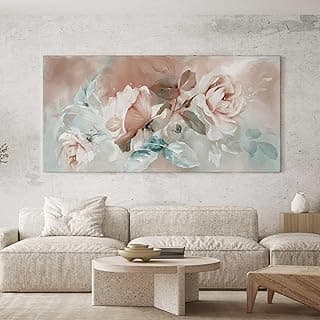 Quadro decorativo abstrato com flores rosa e azul para sala ou quarto, tamanho 100x50 cm.
