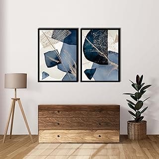 Dois quadros decorativos abstratos azul com molduras pretas para sala ou quarto