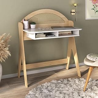 Escrivaninha com nichos impressão palha 3D 100% MDF CECI cor Naturaele/Branco - Artely