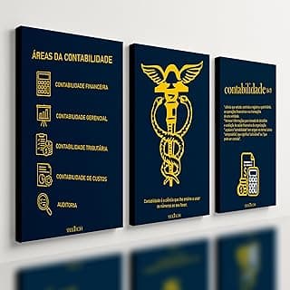Kit 3 Quadros Decorativos Contabilidade Escritório Contábeis 28x20cm com ícones e texto em azul e dourado