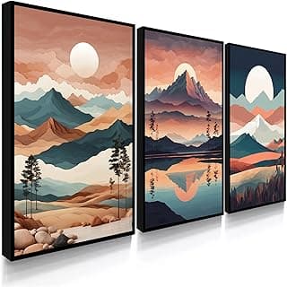 Quadros decorativos minimalistas de montanhas ao entardecer com molduras pretas