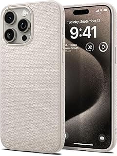 Capa Spigen Liquid Air para iPhone 15 Pro em Titânio Natural, cinza claro com padrão de triângulos em relevo.