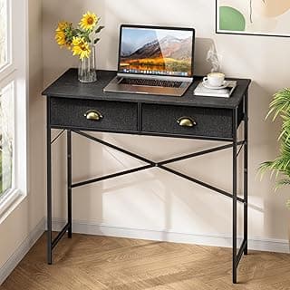 DAOUTIME Escrivaninha preta pequena para quarto infantil, mesa de computador pequena de 81,5 cm para espaços pequenos, mesa simples com 2 gavetas de tecido para escritório em casa, dormitório, sala de