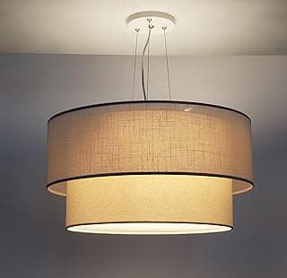 Luminária de teto pendente cúpula dupla linho pérola iluminando ambiente