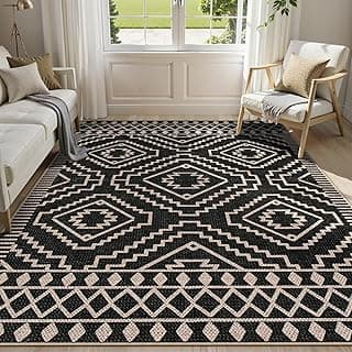Lahome Tapete marroquino fácil de juta para ambientes externos, 12 x 17 cm, tapete lavável para sala de estar, sala de jantar, casa de fazenda, tapete de área preto, antiderrapante, antiderrapante