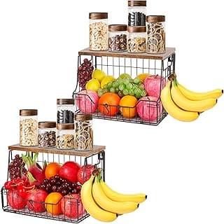 Livabber Cesta de frutas para cozinha, caixa de armazenamento de frutas e vegetais de metal com 2 cabides de banana, organizador de cesta de arame de bancada para lanche, batata, cebola, parafuso ou
