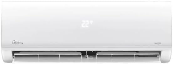 Unidade interna branca de ar condicionado split com display digital mostrando temperatura 22°.