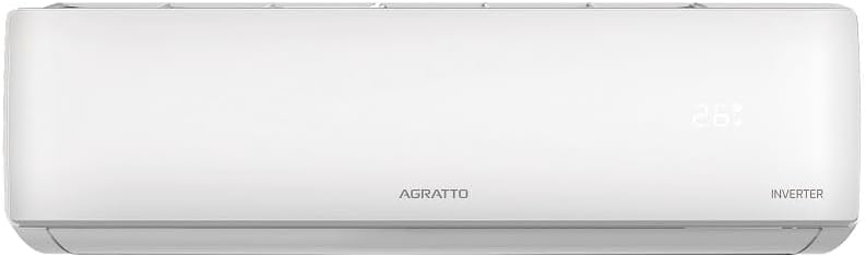 Unidade interna branca do ar condicionado Agratto vista frontal com logo e texto inverter