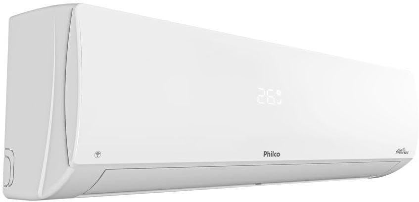 Unidade interna ar-condicionado Philco inverter vista lateral esquerda com display digital 26°