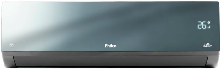 Unidade interna do ar condicionado split inverter Philco com painel espelhado e display digital.