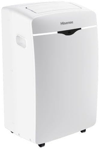 Ar condicionado portátil Hisense branco vista lateral com alça e rodízios