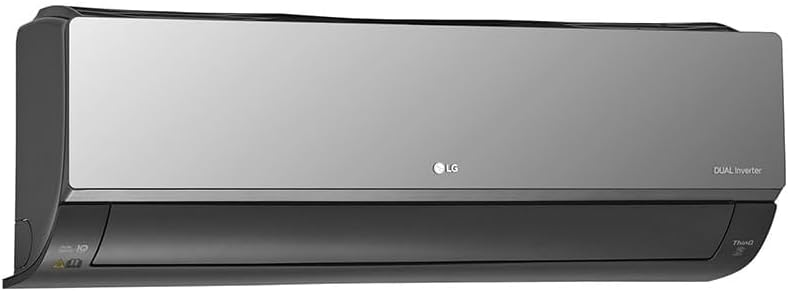Unidade interna do ar condicionado Split LG Artcool 12000 BTU/h vista lateral, cinza metálico, tecnologia Dual Inverter e ThinQ.