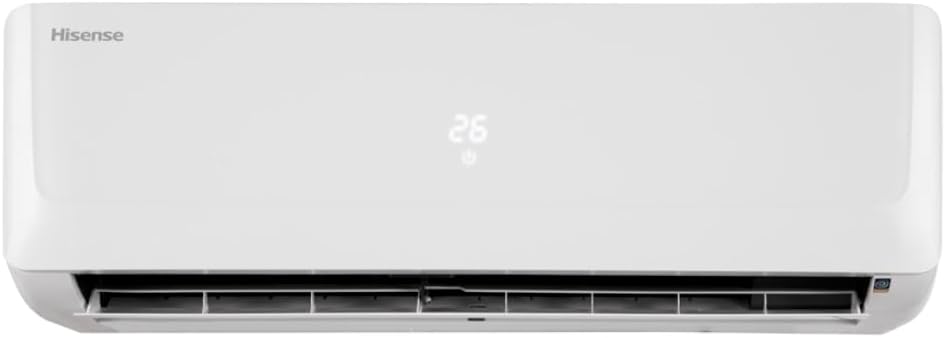 Unidade interna do ar condicionado Hisense com display digital mostrando 26 graus Celsius.