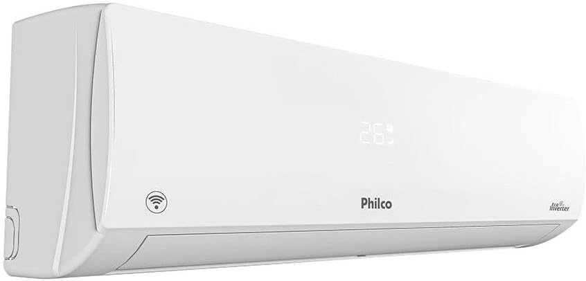 Unidade interna branca do Ar-condicionado Split Inverter Philco 18000 Btus vista lateral com display digital